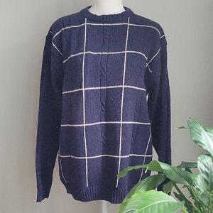 Oscar De La Renta Classic Navy Checkered Vintage Cotton Crewneck Sweater for Men